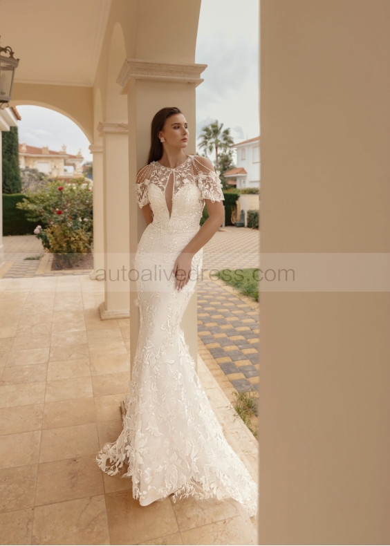 Short Sleeves Beaded Ivory Lace Tulle Slit Back Wedding Dress